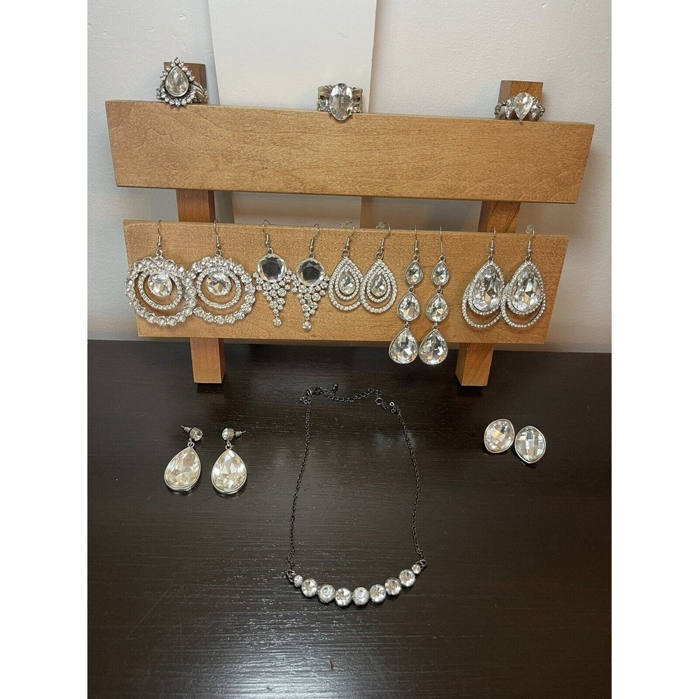 Assortment Costume Jewelry Lot Of 11 Rhinestones Earrings and Adjustable Rings